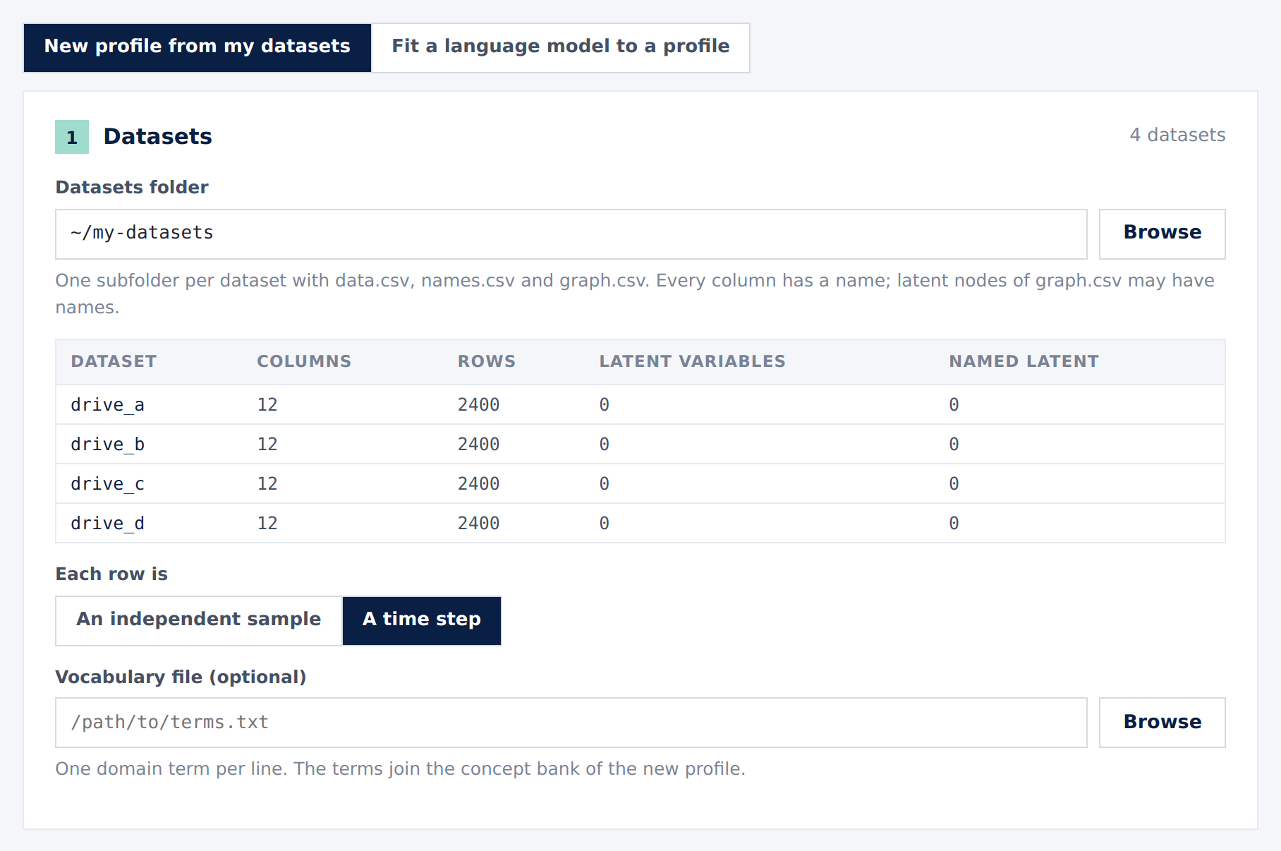 The Train page with a checked folder of four datasets